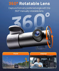 4K Dash Cam Front With Night Vision, 140 Degree Wide View, WiFi App Control, Parking Mode showcasing 360° rotatable lens