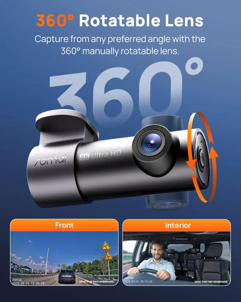 4K Dash Cam Front With Night Vision, 140 Degree Wide View, WiFi App Control, Parking Mode showcasing 360° rotatable lens