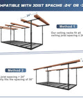 3x6 Ft Overhead Garage Storage Rack With Adjustable 26 To 40 Inch Height Heavy Duty Metal Ceiling Organizer 450 Lb Weight Capacity Easy One Person Install Durable Rack System For Sky High Storage showing joist spacing compatibility
