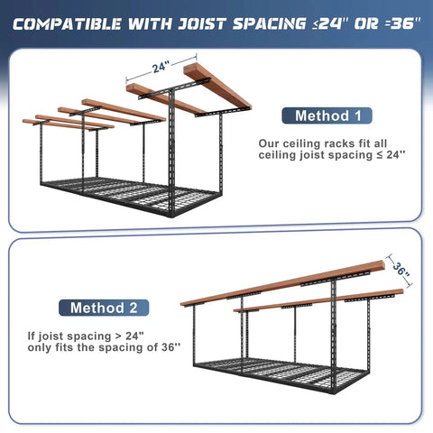 3x6 Ft Overhead Garage Storage Rack With Adjustable 26 To 40 Inch Height Heavy Duty Metal Ceiling Organizer 450 Lb Weight Capacity Easy One Person Install Durable Rack System For Sky High Storage showing joist spacing compatibility