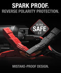 Close-up of 2000 Amp Jump Starter With Built-In Air Compressor And Tire Inflator, USB-C Power Bank, And LED Flashlight clamps