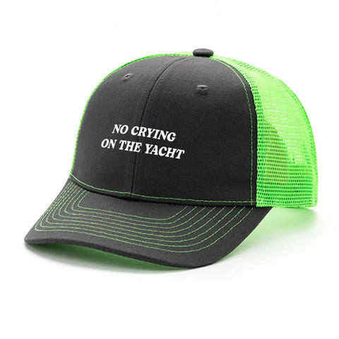Unisex Fluorescent Green Trucker Hat With Anti Sweat Band No Crying On The Yacht Style Golf Cap For Men And Women, side view.