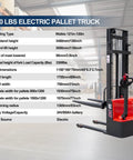 3300 LBS Electric Pallet Stacker With 3300 Lb Load Capacity And 118 Inch Lift Height, showcasing specs in a warehouse.