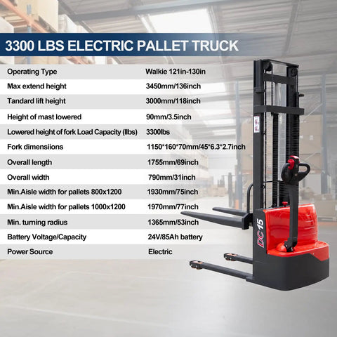 3300 LBS Electric Pallet Stacker With 3300 Lb Load Capacity And 118 Inch Lift Height, showcasing specs in a warehouse.