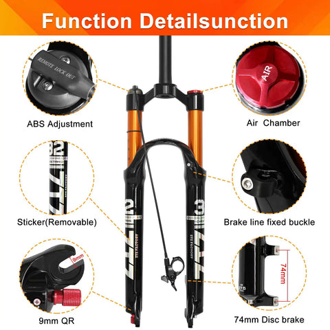 Lightweight 120mm Travel Air Suspension Fork For XC And AM Mountain Bikes One Eighth Inch Straight Steerer Quick Release 9mm X 100mm Manual And Remote Lockout Rebound Adjustable Front Fork Trail Ready with detailed functions displayed