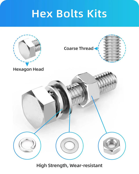 265 Piece Hex Bolt And Nut Assortment Kit Featuring 304 Stainless Steel Fasteners With Flat And Lock Washers For Heavy Duty Garage Builds And Tight Squeeze Repairs, hexagon head bolt with washer and nut.