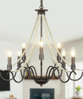 9 Light French Country Rustic Farmhouse Candle Chandelier With Wood Beads Bronze Finish Kitchen Island Lighting For Dining Room