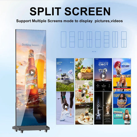 Top Tier 80 Inch Led Digital Signage Display Delivering Crisp P1.86 Pixel Quality presenting split screen video and images.