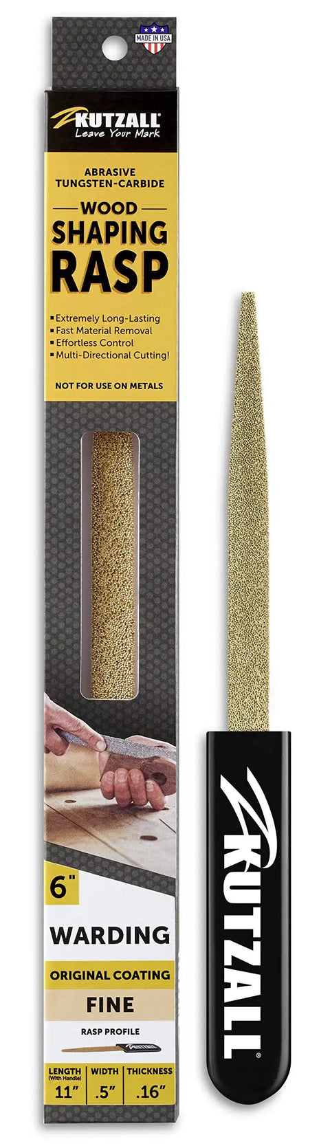 Pro Grade Six Inch Warding Hand Rasp Featuring Soft Touch Grip Handle And Precision Carving Teeth For Fine Wood Shaping with gold abrasive surface.