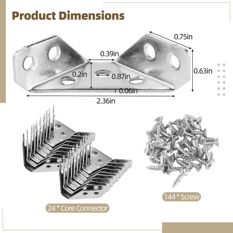 24 Piece Universal Furniture Corner Connectors Set, Trapeziform Stainless Steel Triangle Brackets For Right Angle Joints, product dimensions.