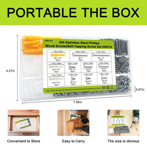 Size 4 Wood Screws Assortment Kit 500 Piece Flat Head 304 Stainless Steel Fasteners for Woodworking in storage box.
