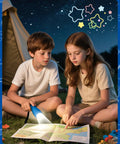 Children reading a map in a tent with a blue flashlight from a Compact Grab And Go Mini LED Flashlight Set In 4 Colors With 48 AAA Batteries Included.