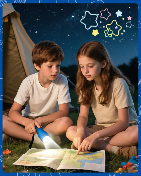 Children reading a map in a tent with a blue flashlight from a Compact Grab And Go Mini LED Flashlight Set In 4 Colors With 48 AAA Batteries Included.