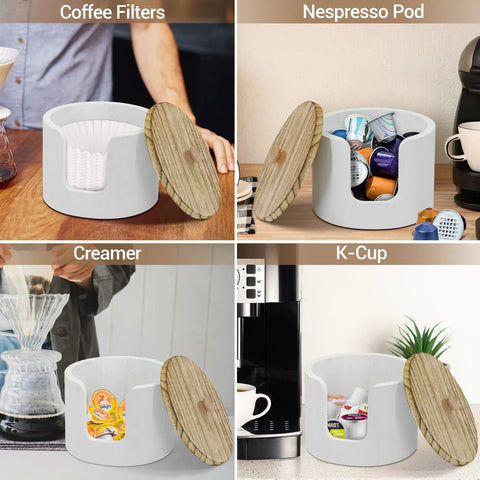 Go-To Coffee Filter Holder With Lid For Countertop Storage showcasing various uses: coffee filters, pods, creamer, and K-cup storage.