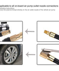 Tire Inflator Extension Hose With Quick Inflation Chuck Adapter connecting to car air pump and tire, shown in detail.
