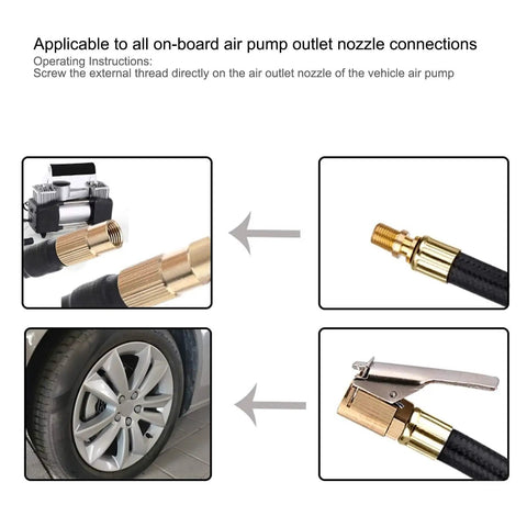 Tire Inflator Extension Hose With Quick Inflation Chuck Adapter connecting to car air pump and tire, shown in detail.