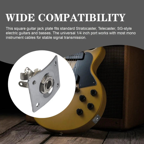Top Tier Six Piece Square Output Jack Plates For Electric Guitar And Bass Setup Quarter Inch Mono Jack Hardware Silver Finish close up view of jack plate