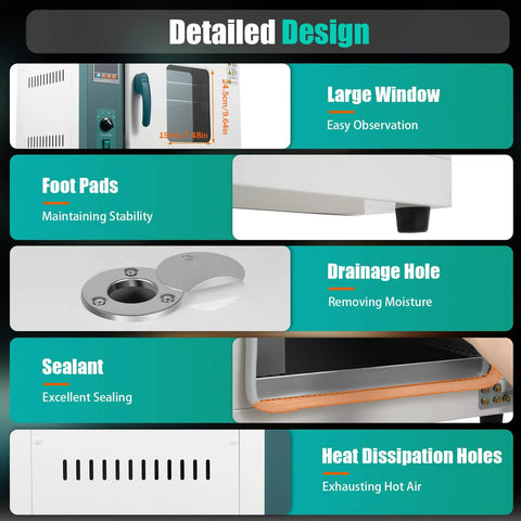 Detailed features of Heavy Duty 1000W 110V Industrial Drying Oven With 45 Liter 12 Gallon Chamber showing foot pads, window, drainage hole.