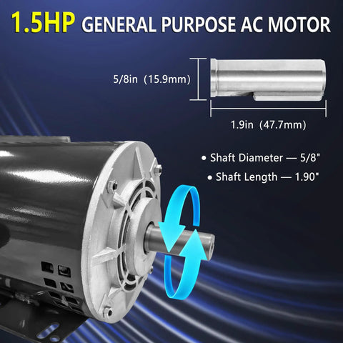 Powerful 1 HP Electric Single Phase Motor For Air Compressors 56C Frame 115 208 230 Volt 60 Hz 1750 RPM Five Eighth Inch Shaft Diameter One Point Nine Inch Shaft Length CW CCW Rotation UL Listed Copper Windings For Durable Performance with shaft details