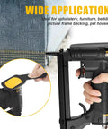 Lightweight 22 Gauge 3/8 Inch Crown Pneumatic Upholstery Stapler Kit in use, Wide Applications shown on upholstery fabric