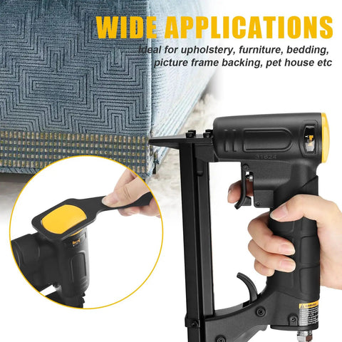 Lightweight 22 Gauge 3/8 Inch Crown Pneumatic Upholstery Stapler Kit in use, Wide Applications shown on upholstery fabric