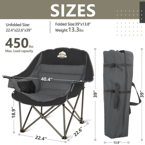 Oversized Padded Camping Chairs Set of 2 for Adults, Heavy Duty Foldable Lawn Chairs with dimensions and bagged view.