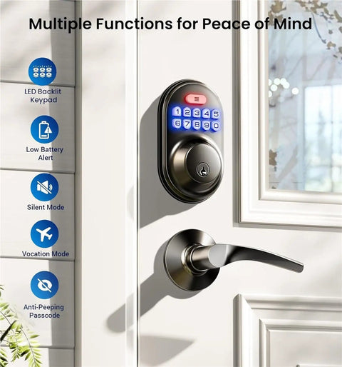 Skip The Keys Forever With This Top Shelf Keyless Entry Door Lock Featuring Heavy Duty Electronic Keypad Auto Lock Design And Backlit Handles For Hassle Free Daily Use Anytime on white door.