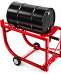 Heavy Duty 55 Gallon Drum Cradle Cart With Smooth Rolling Wheels Moves Drums Super Easy Holds Loads Up To 600 Lbs Rock Solid Industrial Steel Frame Strong Enough For Workshop Garage And Warehouse Keeps Floors Safe From Damage, red steel drum dolly with black barrel