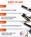 Front view of FIXSMITH professional lever-action grease gun with 12in reinforced hose and 7in extension in usage-instruction graphic