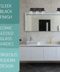 24-Inch 3-Light Modern Farmhouse Vanity Light With Hanging Lantern Style And Seeded Glass Shades In Bold Black Finish in bathroom