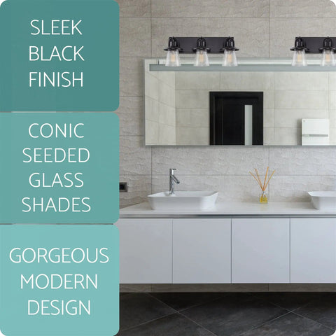 24-Inch 3-Light Modern Farmhouse Vanity Light With Hanging Lantern Style And Seeded Glass Shades In Bold Black Finish in bathroom