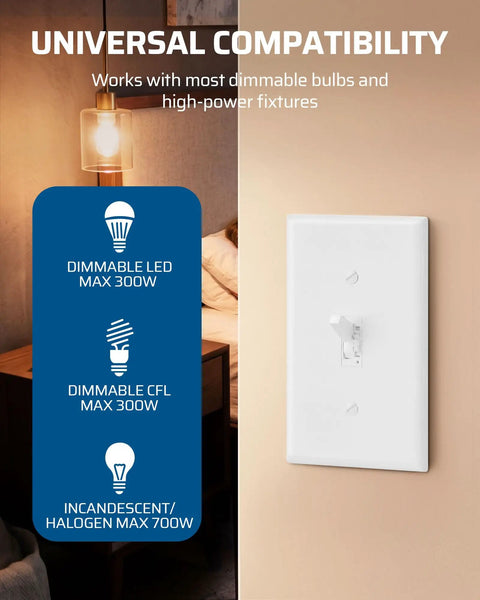 Smooth Operating Digital Toggle Dimmer Switch Single Pole Or Three Way Rock Solid Wall Panel with max load ratings for bulbs.
