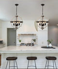 Rustic Farmhouse 4-Light Orb Pendant Chandelier in Oak Finish in a modern kitchen setting, iron construction, UL listed.