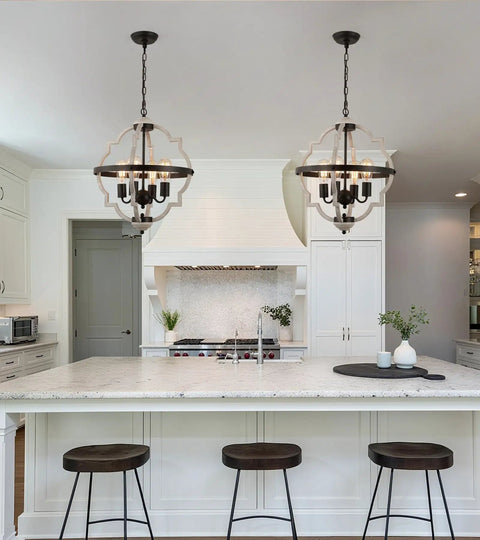 Rustic Farmhouse 4-Light Orb Pendant Chandelier in Oak Finish in a modern kitchen setting, iron construction, UL listed.