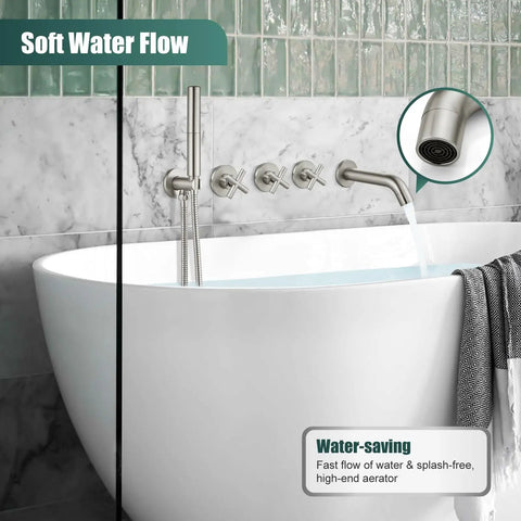 Brushed Nickel Wall Mount Tub Faucet Set With Handheld Shower Wand And Spout, Tub Filler Faucets, All-In-One Three-Handle Shower Trim, Two-Function Bath Fixtures With Rough-In Valve installed on modern bathtub