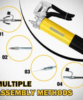 14oz Capacity Grease Gun Kit With 7000 PSI Leakproof Spray 18 Inch Spring Hose Double Handle Nozzle Coupler Teflon Tape And 15 Piece Auto Marine Industry Accessories Set with multiple assembly methods.