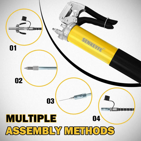 14oz Capacity Grease Gun Kit With 7000 PSI Leakproof Spray 18 Inch Spring Hose Double Handle Nozzle Coupler Teflon Tape And 15 Piece Auto Marine Industry Accessories Set with multiple assembly methods.
