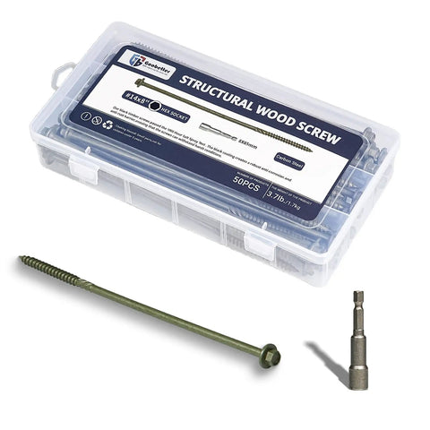 Eight Inch Structural Lag Wood Screws Number Fourteen Size Heavy Duty Timber Fasteners Green Rust Proof Coating Salt Spray Tested Pack Of Fifty in a clear container.