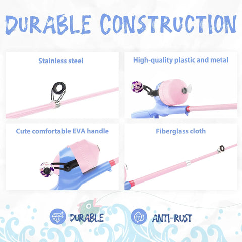 Kid Friendly Portable Telescopic Fishing Rod And Reel Combo With Tackle Box In Lavender And Blossom Pink, stainless steel, EVA handle