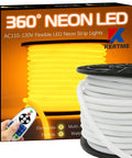 360 Degree Neon LED Rope Light with Remote, Dimmable and Waterproof, Flexible 65.6ft 20m Golden Yellow, product box display.