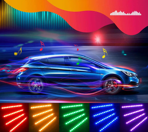 Car with Interior Car LED Lights Kit With App Control, RGB Mood Lighting, music notes, colorful LED strips displayed
