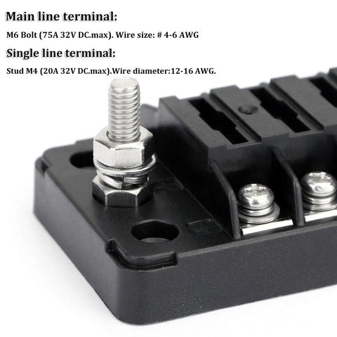 Side view of Six Way Marine Blade Fuse Block With Negative Bus Waterproof ATC ATO Fuse Box Panel showing terminal connections.