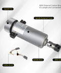 800W 110V CNC Spindle Motor Air Cooled 52mm ER16, 20000 RPM, showcasing spindle fan, dustproof cover, rotor, ER16 collet, carbon brush.