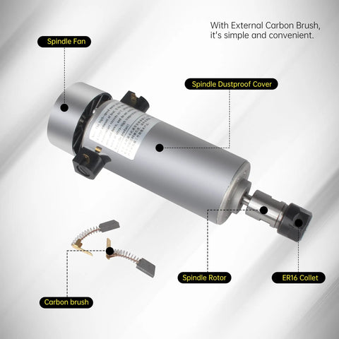 800W 110V CNC Spindle Motor Air Cooled 52mm ER16, 20000 RPM, showcasing spindle fan, dustproof cover, rotor, ER16 collet, carbon brush.