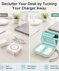 Hard Travel Case For Foldable 3 In 1 Wireless Charging Station Heavy Duty Protective Pouch With Secure Zipper Closure in teal open with charger.