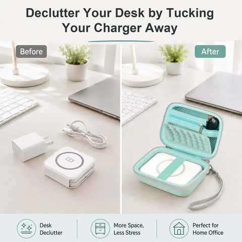 Hard Travel Case For Foldable 3 In 1 Wireless Charging Station Heavy Duty Protective Pouch With Secure Zipper Closure in teal open with charger.