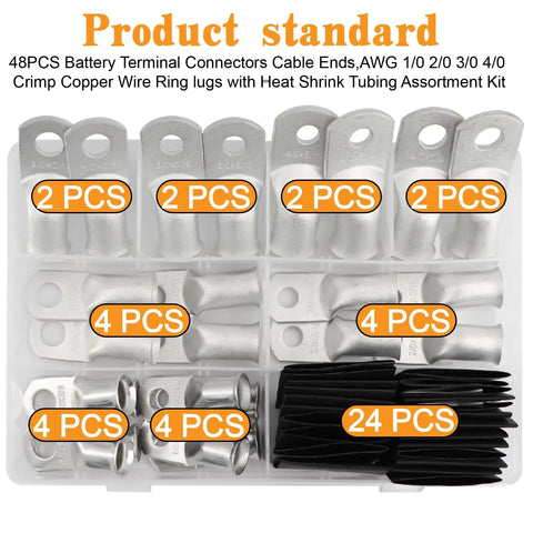 48 Piece Battery Tinned Copper Terminal Connectors Kit With Heat Shrink Tubing Includes AWG 1 0 2 0 3 0 4 0 Crimp Ring Lugs Set