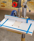 Drill Press Fence With Adjustable MDF Faces For Easy, Precise Repeatability, Lets You Straddle Large Forstner Bits And Sanding Spindles, Flip Down Stop For Exact Hole Placement, Heavy Duty Woodworking Jig For Pros And DIY Enthusiasts on a workshop drill.