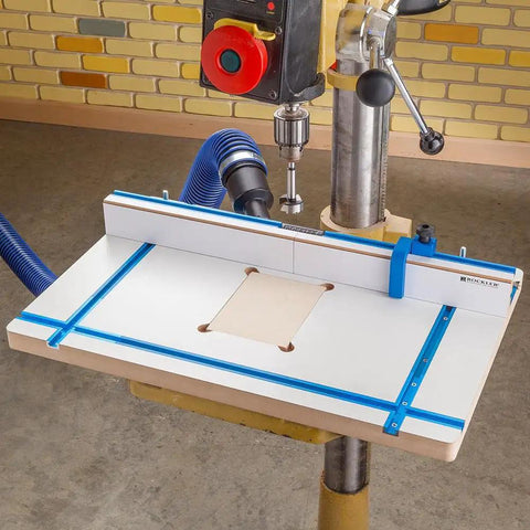 Drill Press Fence With Adjustable MDF Faces For Easy, Precise Repeatability, Lets You Straddle Large Forstner Bits And Sanding Spindles, Flip Down Stop For Exact Hole Placement, Heavy Duty Woodworking Jig For Pros And DIY Enthusiasts on a workshop drill.