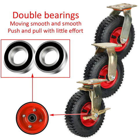 Heavy Duty Swivel Caster Wheels With Brakes Set Of Four Pneumatic Tires showing double bearings and red wheels for smooth movement.